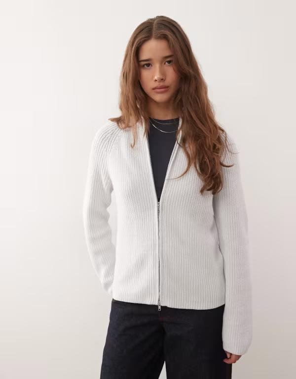 モンキ レディース アウター カーディガン リブニット ニット Monki rib knit two way zip cardigan in soft Soft Gray グレー