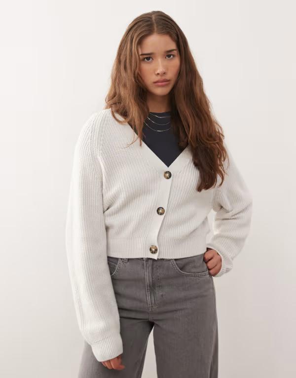 モンキ レディース アウター カーディガン クロップド ニット Monki cropped knit cardigan in soft Soft Gray グレー(4.0)