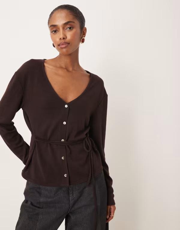 マンゴ レディース アウター カーディガン Mango belted fine cardigan in chocolate Chocolate チョコレート(4)