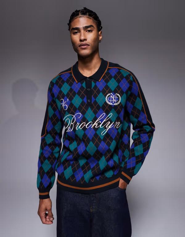   ȥåץ ݥ ץ ˥å ASOS DESIGN relaxed knit polo in argyle print with ...