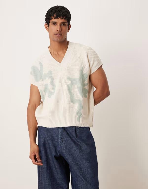 エイソス メンズ トップス タンクトップリント ベスト ASOS DESIGN boxy oversized vest with print Off-white オフホワイト