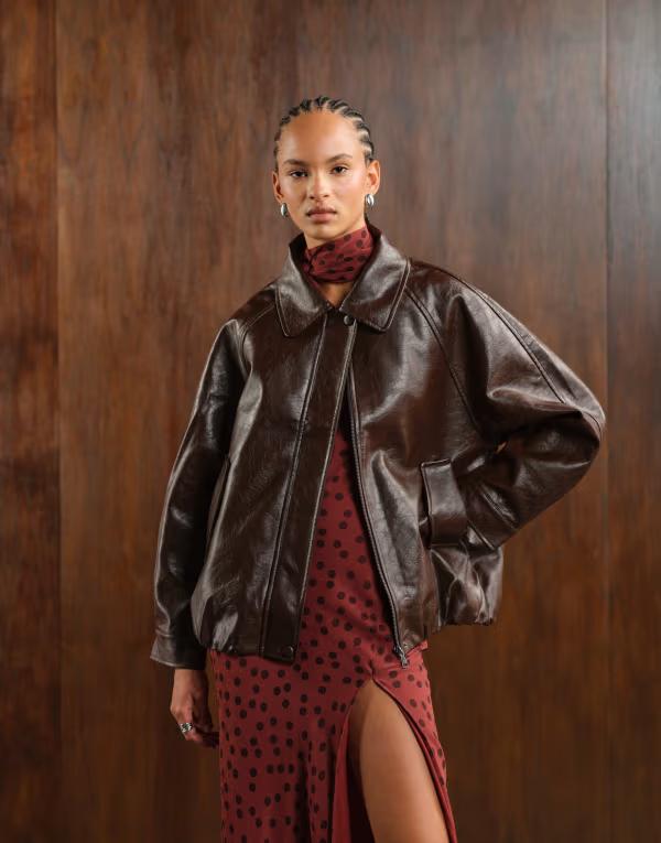 エイソス レディース アウター コート レザー ジャケット ASOS DESIGN leather look oversized bomber jacket in chocolate Brown ブラウン