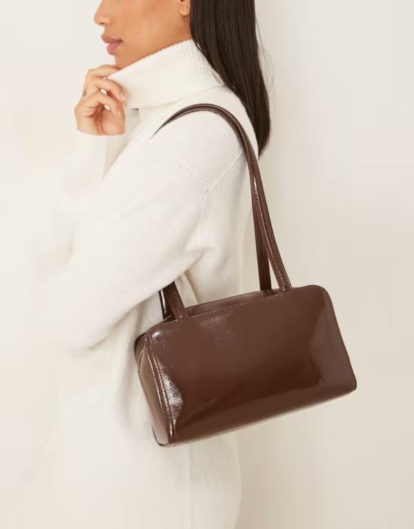 エイソス レディース バッグ ASOS DESIGN ASOSDESIGN patent boxy shoulder bag in chocolate チョコレート