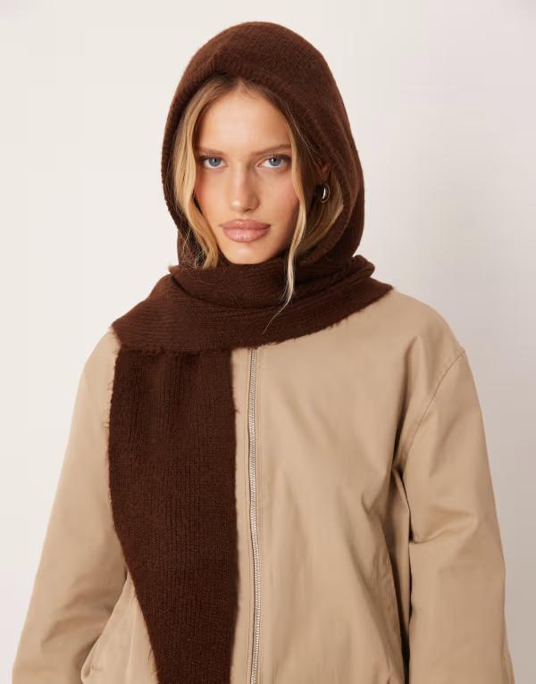 エイソス レディース アクセサリー マフラー・ストール・スカーフ ニット ASOS DESIGN knit hooded scarf in chocolate チョコレート