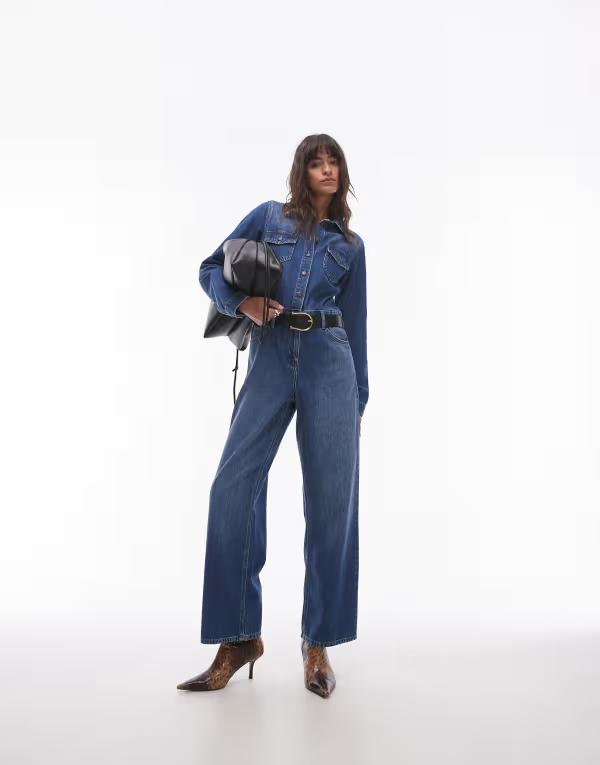 トップショップ レディース トップス ジャンプスーツ スリムフィット デニム Topshop denim slim fit jumpsuit in mid blue ブルー