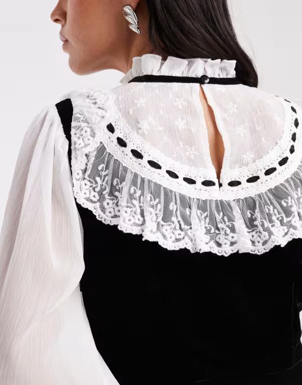 ミスセルフフリッジ レディース トップス ワンピース シフォン ミニ ベルベット 刺繍 Misselfridgembroidered chiffon and velvet mini dress and Black ブラック