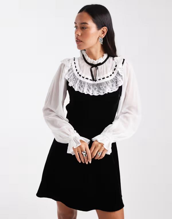 ミスセルフフリッジ レディース トップス ワンピース シフォン ミニ ベルベット 刺繍 Misselfridgembroidered chiffon and velvet mini dress and Black ブラック