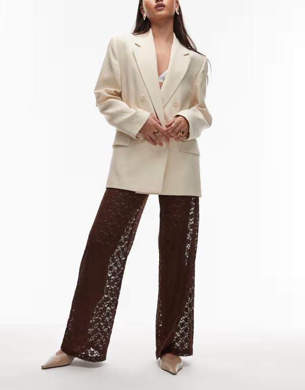 エイソス レディース ボトムス カジュアルパンツ ワイドレッグ シアー レース ASOS DESIGN lace sheer wide leg pants in chocolate チョコレート