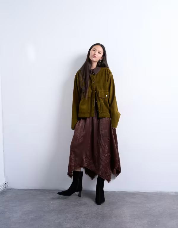 トップショップ レディース ボトムスカート ミディ サテン レース Topshop satin hanky hemidi skirt with lacembroidery in chocolate チョコレート