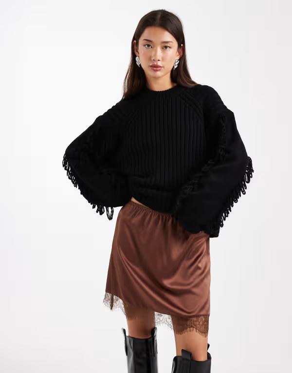 エイソス レディース ボトムスカート レーストリム ミニ サテン レース ASOS DESIGN lace trim satin mini skirt in chocolate New chocolate チョコレート