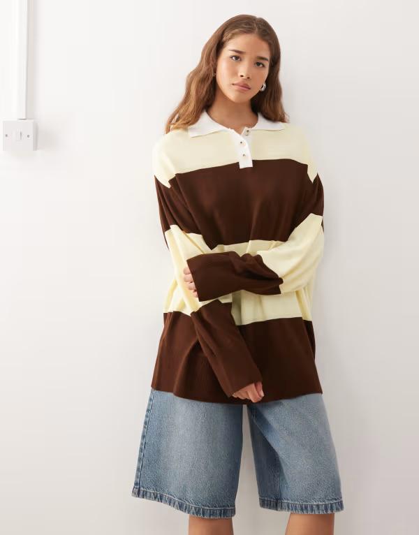 コルージョン レディース アウター ニット・セーター COLLUSION knitted rugby sweater Brown Stripe ..