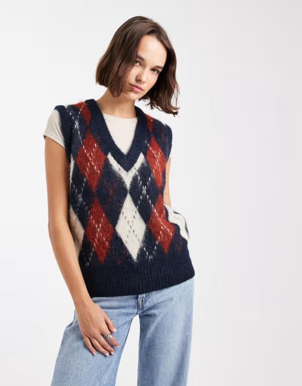 ꡼ ǥ ȥåץ ٥ ˥å ONLY fluffy knit vest argyle NAVY ͥӡ
