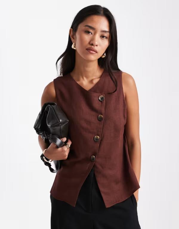 エイソス レディース トップス シャツ アシンメトリー ベスト リネン ASOS DESIGN linen look asymmetric button front vest in chocolate チョコレート