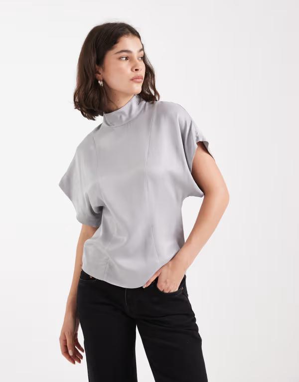 Other - エイソス レディース トップス シャツ ハイネック サテン ASOS DESIGN high neck cinched satin top TBC グレー