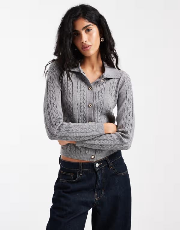 スリードベア レディース アウター カーディガン ニット Threadbare cable knit cardigan with collar Gray グレー