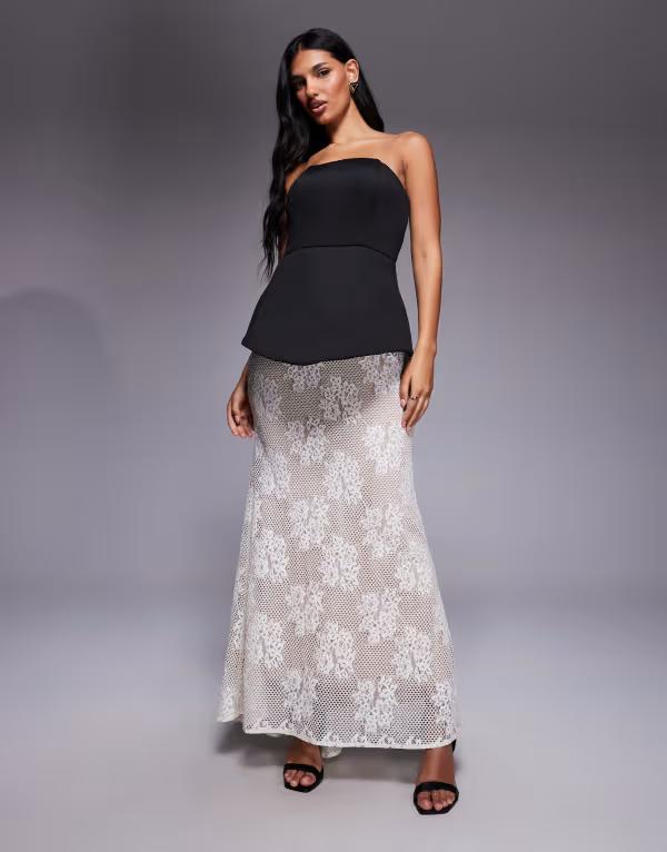 ジャーロ レディース トップス ワンピーストラップレスカート コントラスト レース マキシ Jarlo Pip structured strapless maxi dress with contrast lace skirt and Black/Ivory アイボリー