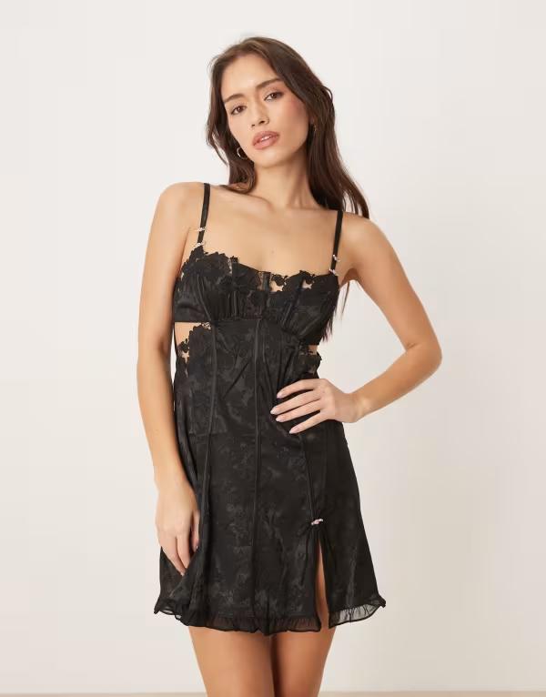 フォーラブアンドレモン レディース トップス ワンピース シフォン 刺繍 For Love & Lemons Blissful Blooms embroidered chiffon slip dress Black ブラック