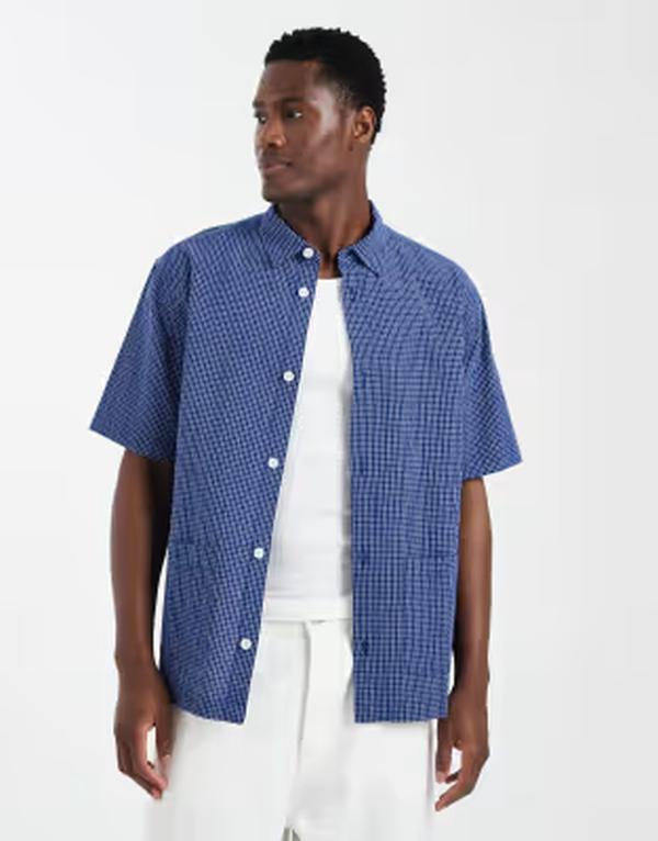 エイソス メンズ トップス シャツ ASOS DESIGN relaxed micro plaid shirt with pockets BLUE ブルー
