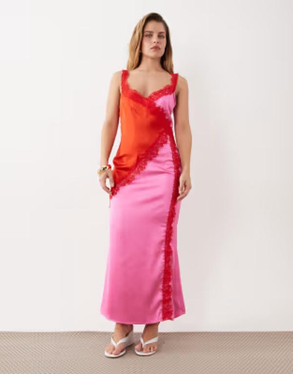 ネバーフリードレスド レディース トップス ワンピース レーストリム プチ サテン レース Never Fully Dressed Petitelowen satin and lace trim camidaxi dress and RED レッド