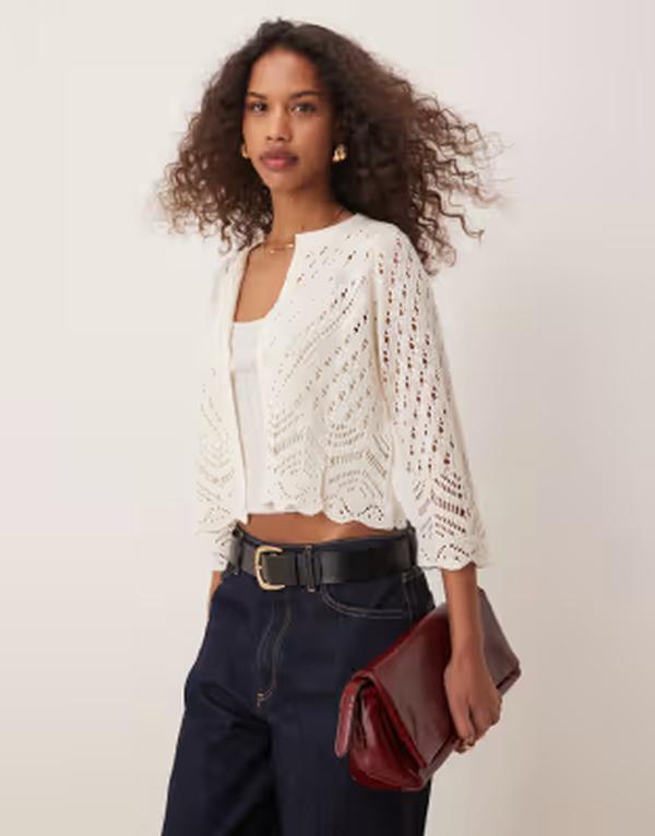 ジェイディーワイ レディース アウター カーディガン JDY 3/4 sleeve crop broderie cardigan in cream Eggnog クリーム