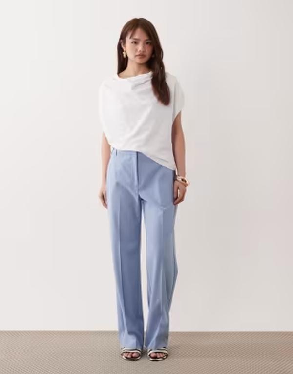 エイソス レディース ボトムス カジュアルパンツ ストレート プチ ASOS DESIGN Petite tailored slim straight leg pants in soft Blue ブルー