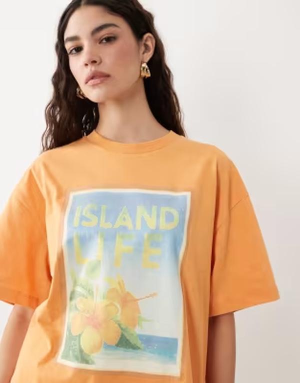 ミスセルフフリッジ レディース トップス シャツ プリント Misselfridge oversized T-shirt with island print in orange オレンジ