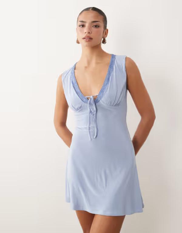 エイソス レディース トップス ワンピース Vネック レーストリム ミニ レース ASOS DESIGN slinky v-neck lace trimini dress Blue ブルー