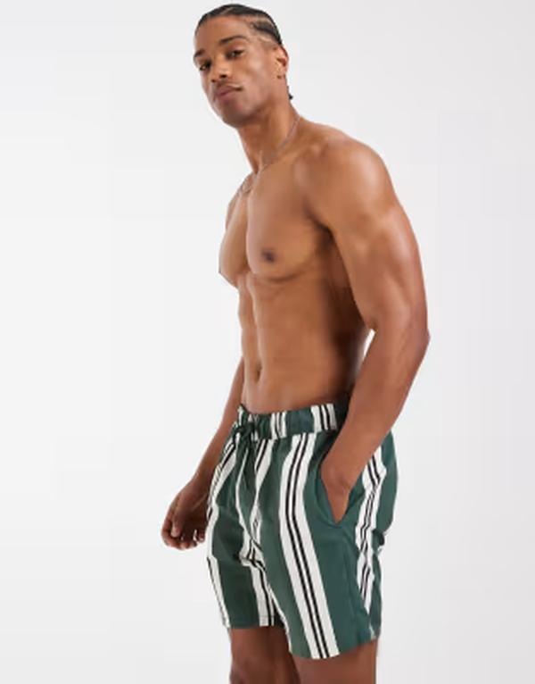 ReVida 楽天市場店のエイソス メンズ 水着 ハーフパンツ・ショーツ ショートパンツ ASOS DESIGN swim shorts in mid length stripe GREEN グリーン｜アングル3