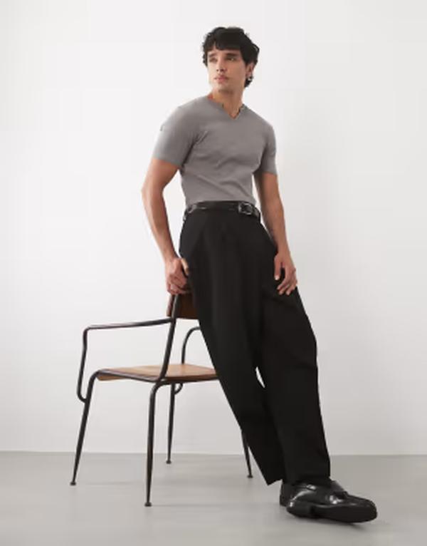 エイソス メンズ トップス Tシャツ ASOS DESIGN muscle fit-shirt with notch neck rib CLIFFSIDE GRAY グレー