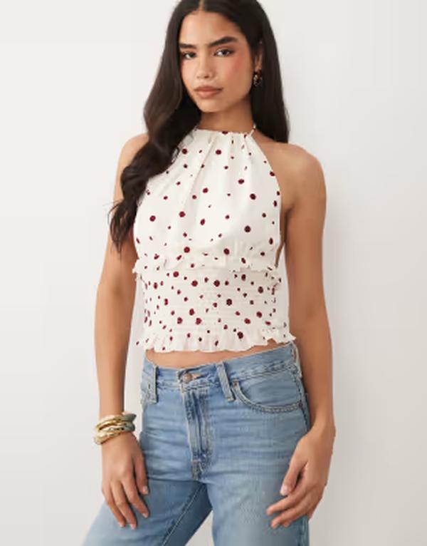 エイソス レディース トップス シャツ メッシュ ホルター ASOS DESIGN flocked meshalter top with shirring RED レッド
