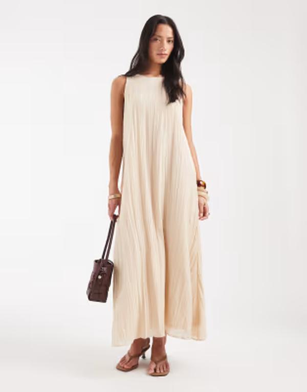 オブジェクト レディース トップス ワンピース ノースリーブ マキシ Object crinkle plisse sleeveless trapeze maxi dress in creamacadamia クリーム