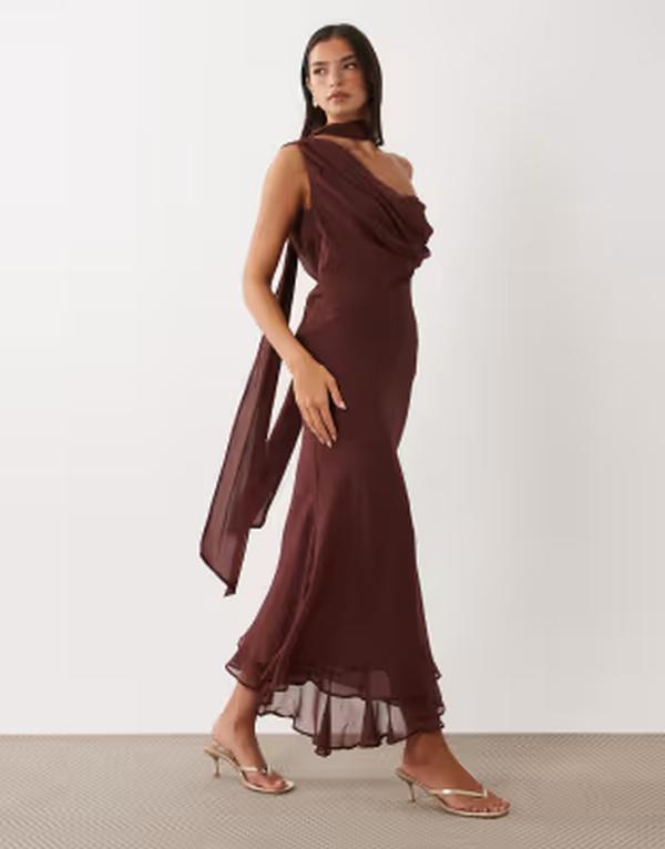 エイソス レディース トップス ワンピース ドレープ マキシ ASOS DESIGN draped off shoulder scarf detail double layer maxi dress in rust BROWN ブラウン