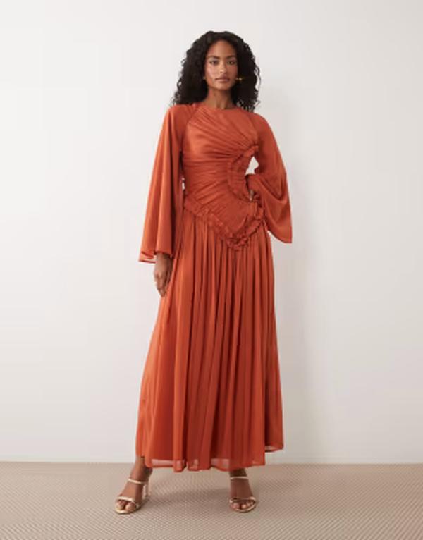 エイソス レディース トップス ワンピース シフォン フリル マキシ ASOS DESIGN crinkle chiffon gathe red maxi dress with micro ruffles in burnt orange Burnt Orange オレンジ
