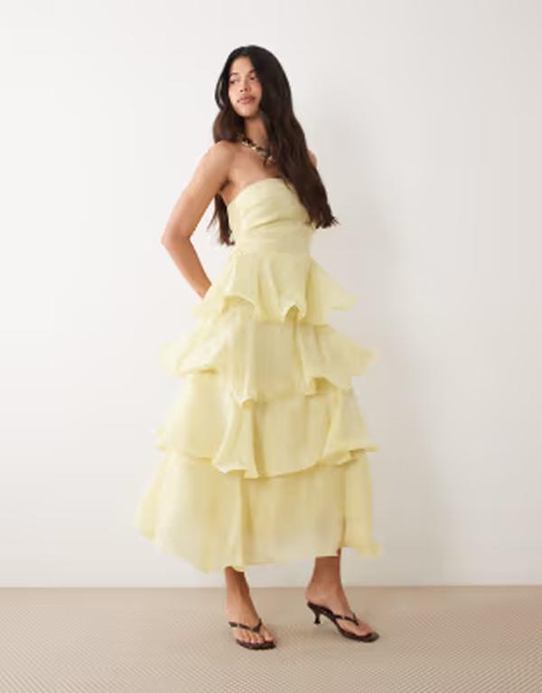 ヴィラ レディース トップス ワンピース ティアード マキシ VILA bandeau structu red tie red maxi dress in pastel yellow Pastel Yellow イエロー
