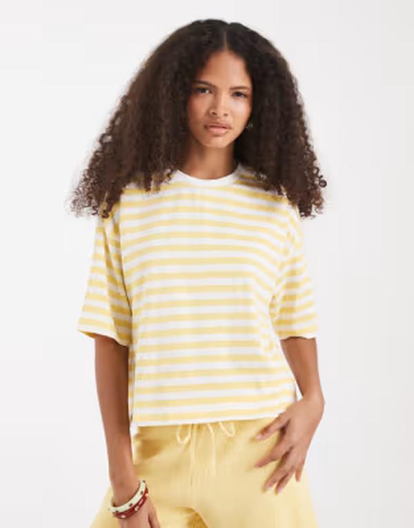 ピーシーズ レディース トップス Tシャツ PIECEShort sleeve heavyweight-shirt in yellow and white stripes Lemon Drop White ホワイト