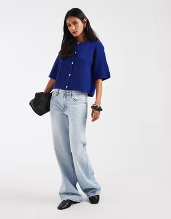 ピーシーズ レディース アウター カーディガン PIECEShort sleeve boxy cardigan in dark Heathe red Bluing ブルー