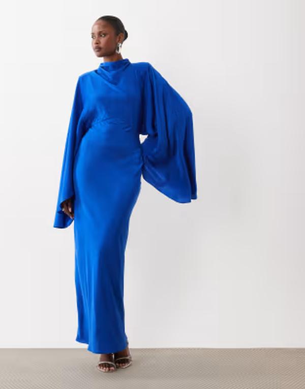 エイソス レディース トップス ワンピースタンドネック サテン マキシ ASOS DESIGN funnel neck satin maxi dress with exaggerated sleeves in cobalt コバルト
