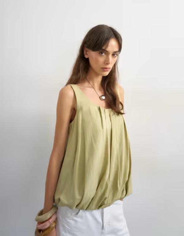トップショップ レディース トップス タンクトップ リネン Topshop linen rich twist bubble hem camin sage GREEN グリーン