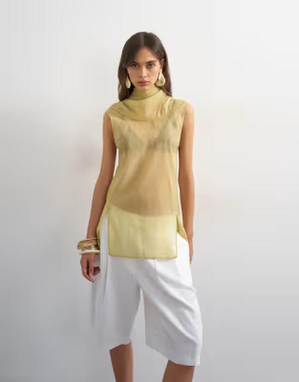 トップショップ レディース トップス タンクトップ スタンドネック Topshop organza collapsed funnel neck top in muted lime Muted lime ライム