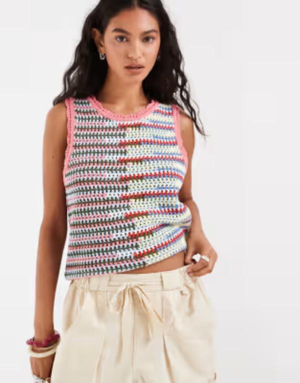 オブジェクト レディース トップス ベスト ノースリーブ Object sleevelesstitch detail crochetank in multicolor Begonia Pink Multi ピンク