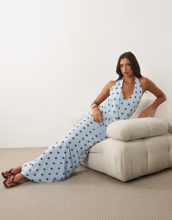 エイソス レディース トップス ワンピース ドット柄 ドレープ ドット プリント メッシュ マキシ ホルター ASOS DESIGN printed meshalter maxi dress with draped sash detail polka dot print Blue Spot ブルー