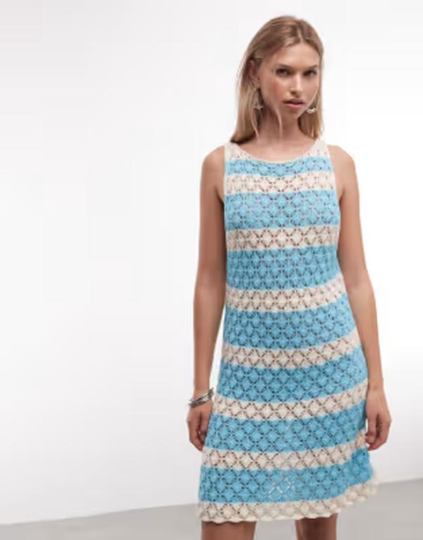 リクレイム ヴィンテージ レディース トップス ワンピース ミニ Reclaimed Vintage crochet mini dresstripes Blue stripe ブルー