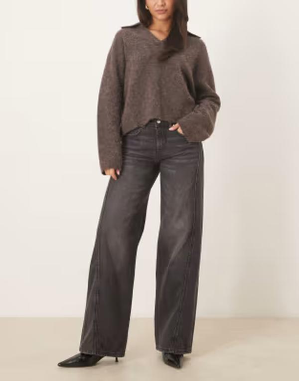 ジーナトリコ レディース ボトムス デニムパンツ ワイドレッグ ジーンズ Gina Tricot lowaist wide leg front seaming jeans in off black ブラック