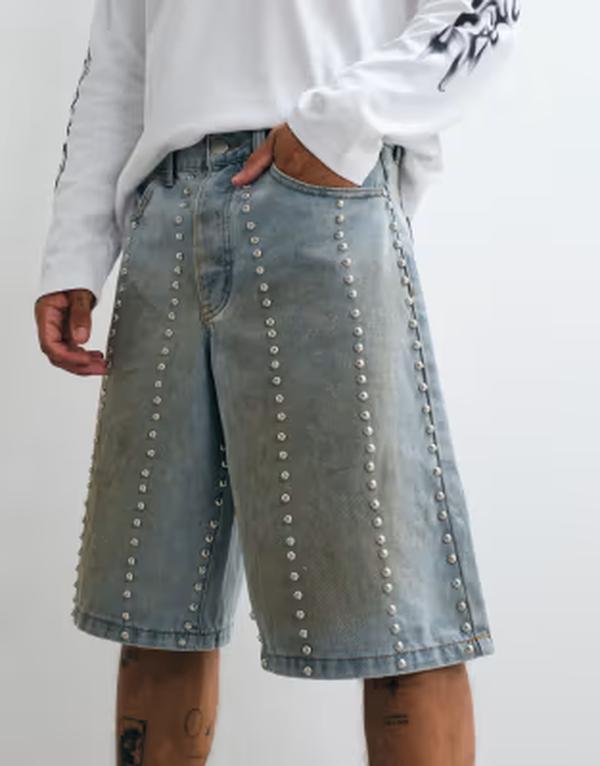 リキュールアンドポーカー メンズ ボトムス ハーフパンツ・ショーツ デニム Liquor N Poker denim jorts with total studetail MBLUE デニム