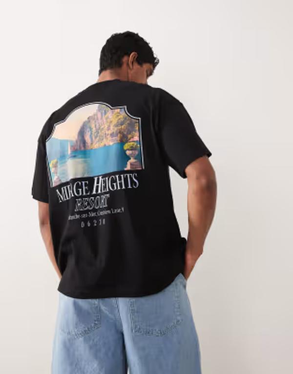 ジャック アンド ジョーンズ メンズ トップス Tシャツ プリント Jack & Jones oversized T-shirt with scenic back print Black ブラック