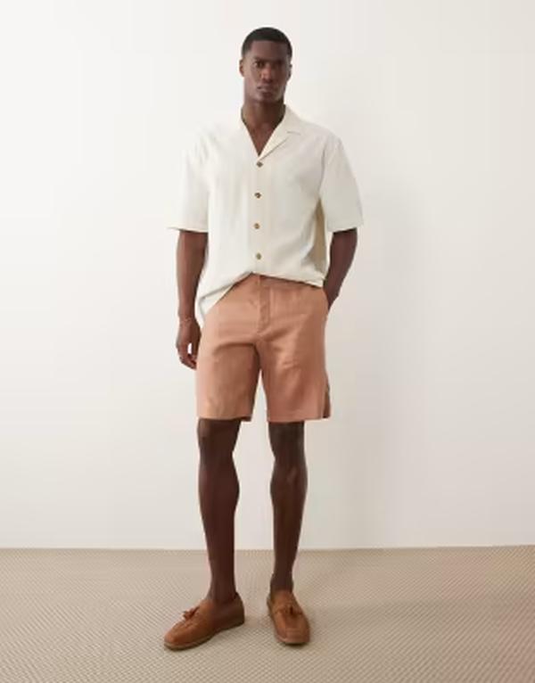 マンゴ メンズ ボトムス ハーフパンツ・ショーツ スリムフィット ショートパンツ リネン Mango 100% linen slim fit shorts in salmon サーモン