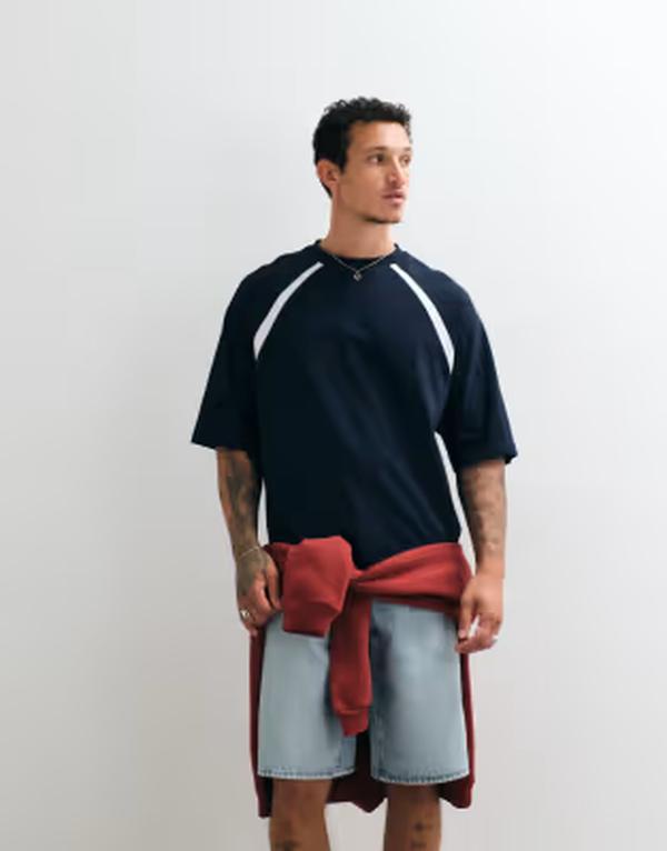 エイソス メンズ トップス Tシャツ ASOS DESIGN boxy oversized T-shirt with panel detail Sky captain ネイビー