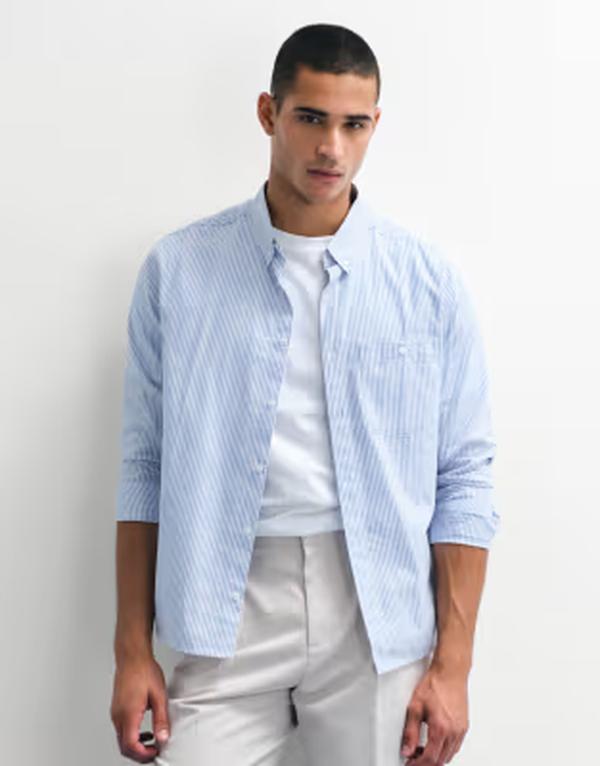 エイソス メンズ トップス シャツ オックスフォード ASOS DESIGN relaxed oxford shirt stripes Blue & white ホワイト