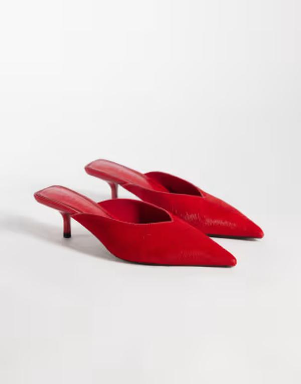 エイソス レディース シューズ サンダル レザー ヒール ASOS DESIGN Surprise hair on realeather pointed kitten heeled mules RED レッド