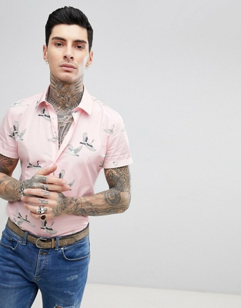 デビルズ アドボケート メンズ シャツ トップス Devil's Advocate Short Sleeve Slim Fit Crane Print Shirt Pink